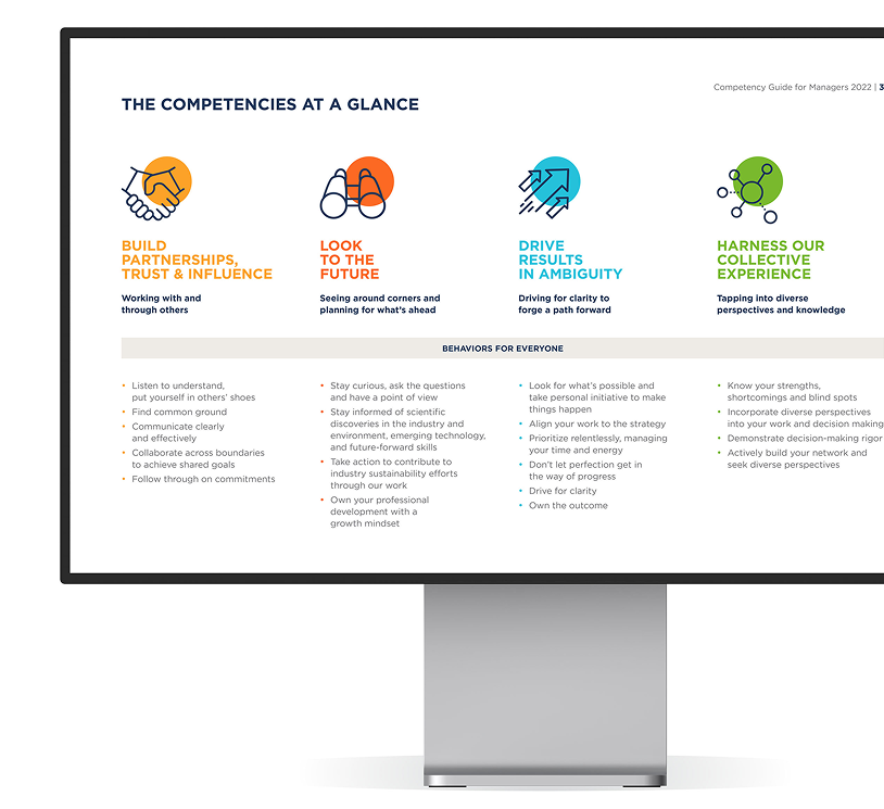 Infographic titled 'The Competencies at a Glance' outlining four key areas: Build Partnerships, Look to the Future, Drive Results in Ambiguity, and Harness Our Collective Experience.