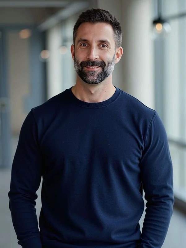 Man with a beard and short dark hair smiling warmly, wearing a navy sweater, standing in a bright hallway with soft lighting. Calm and friendly mood.
