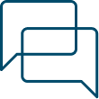 Two overlapping, blue chat bubbles on a white background, symbolizing conversation or communication.