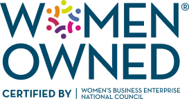 Blue logo depicting a certified Women Owned business by the women's business enterprise national council
