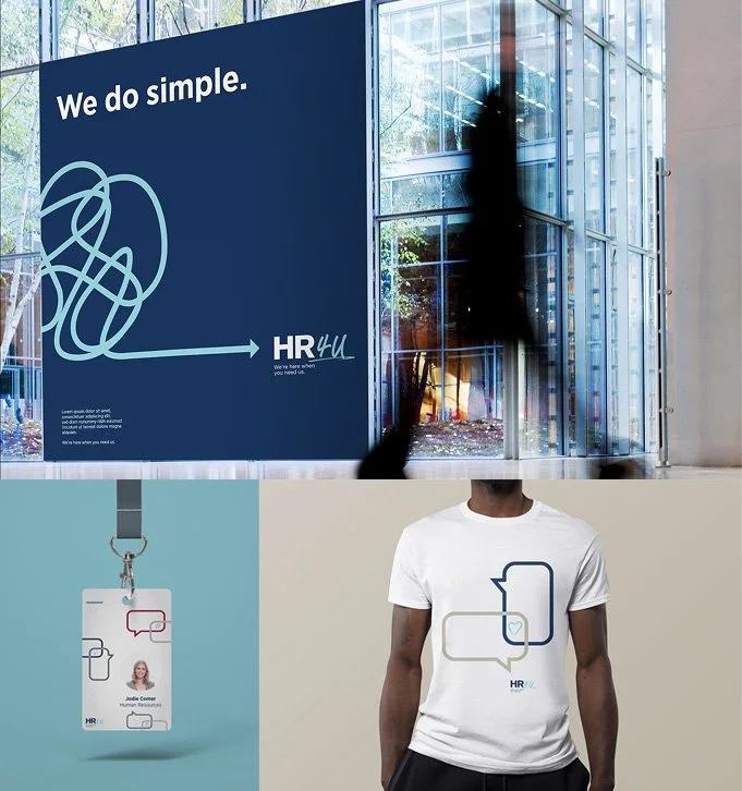 A modern office lobby with a blurred figure passing a sign showing a tangled line turning straight labeled "We do simple." Nearby, an ID badge with speech bubble graphics and a person wearing a T-shirt with bold, outlined speech bubbles.