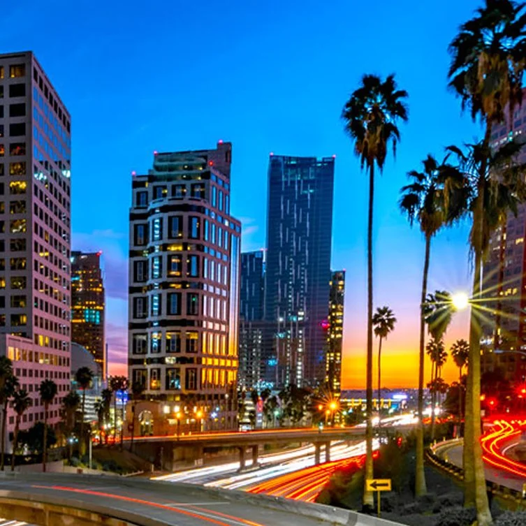 Skyline of a city at dusk with tall buildings and palm trees. Streaks of car lights reflect motion on a highway, while the sky transitions from blue to orange.
