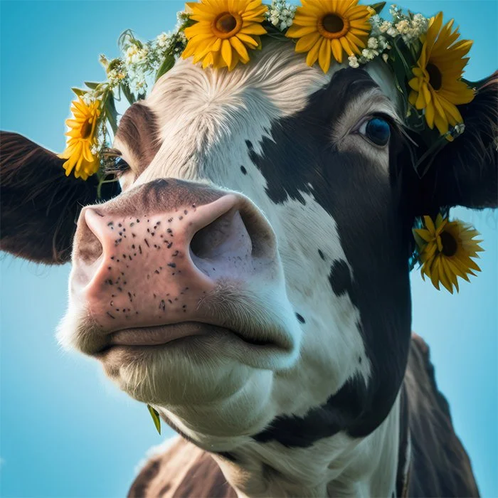 A brown and white spotted cow wearing a crown of yellow daisies on its head.