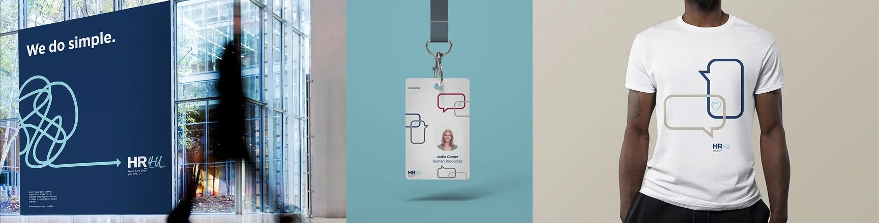 Image strip with office lobby with a blurred figure passing a sign showing a tangled line turning straight labeled "We do simple." Nearby, an ID badge with speech bubble graphics and a person wearing a T-shirt with bold, outlined speech bubbles.