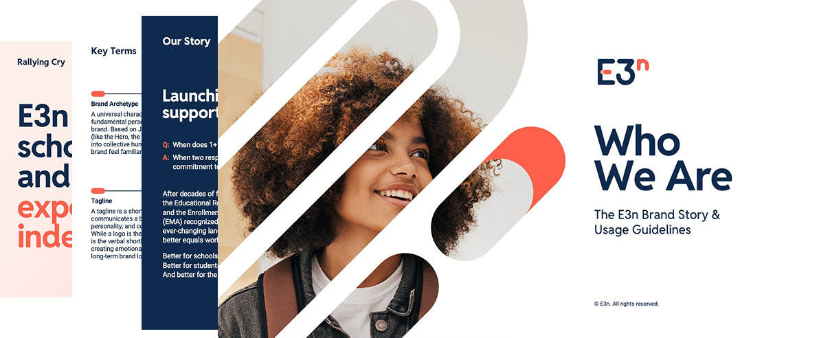 A presentation slide with the title 'Who We Are' and 'The E3n Brand Story & Usage Guidelines' with overlapping images of a smiling woman with curly hair and colorful graphic elements.
