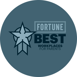 Blue circular logo featuring a star outline and text: "FORTUNE Best Workplaces for Parents." Sleek, professional design conveying achievement.