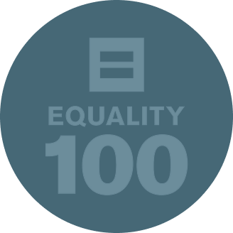A dark blue circle with a lighter blue equality symbol above the words "EQUALITY 100,"