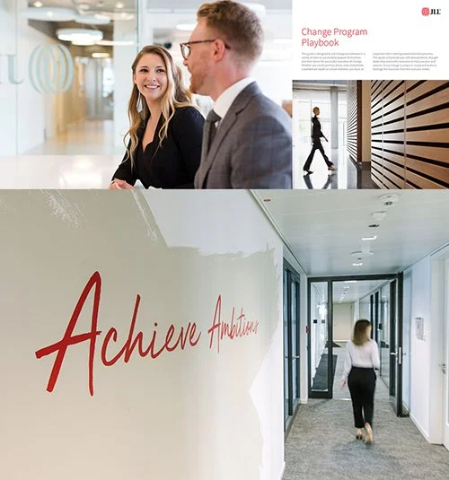Two business professionals talking in an office lobby, a person walking through an office hallway, and a wall with the words 'Achieve Ambition' written in red.