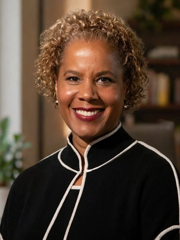Smiling woman with short curly hair wearing a black top with white trim. Background includes bookshelves with blurred books, creating a professional, warm tone.