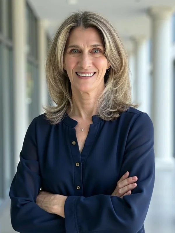 Smiling woman with shoulder-length hair in a navy blouse stands with arms crossed in a corridor with white columns, conveying professionalism and approachability.