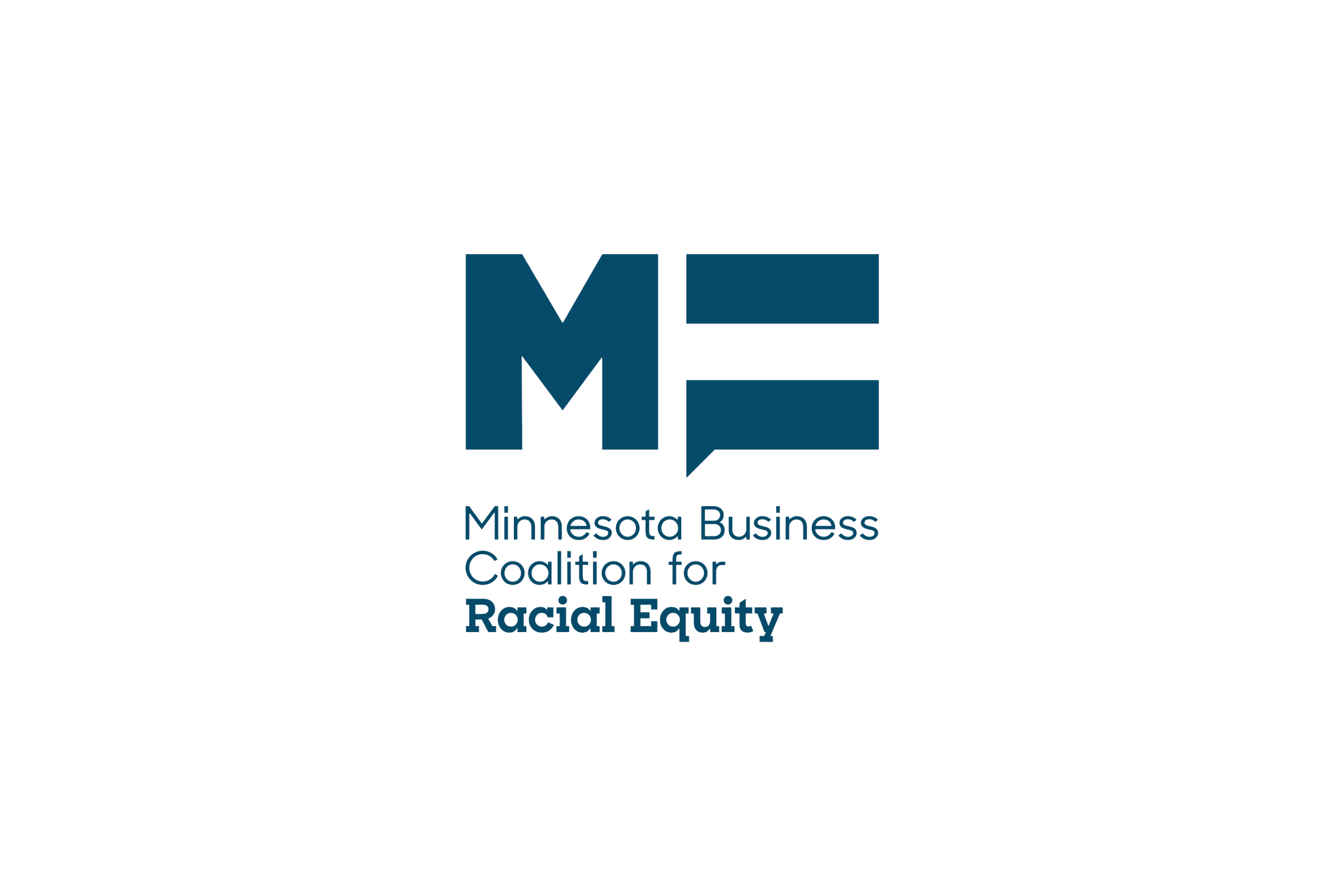 Logo of Minnesota Business Coalition for Racial Equity with large 'M' and speech bubble design