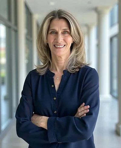 Smiling woman with shoulder-length hair in a navy blouse stands with arms crossed in a corridor with white columns, conveying professionalism and approachability.