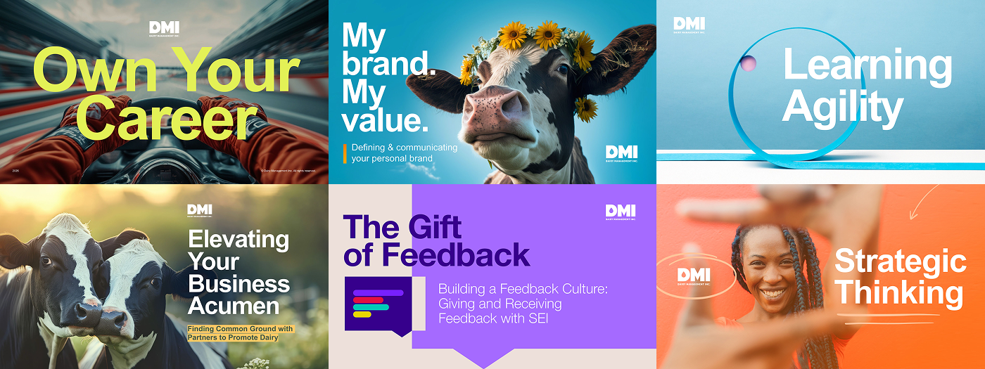 Diverse educational posters; themes include career ownership, branding with a cow, learning agility, business acumen, feedback, and strategic thinking.