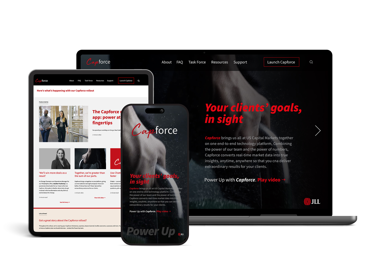 A smartphone, tablet, and laptop display the Capforce website. Red and black theme with text emphasizing client goals and technology. Professional and modern.
