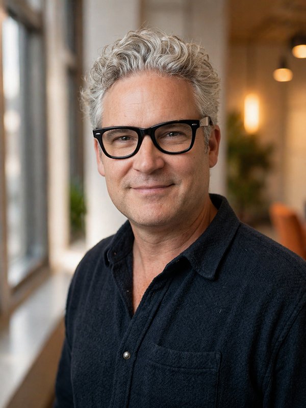 A person with gray hair wearing black glasses and a dark shirt smiles warmly indoors. Soft lighting and a blurred background create a cozy atmosphere.