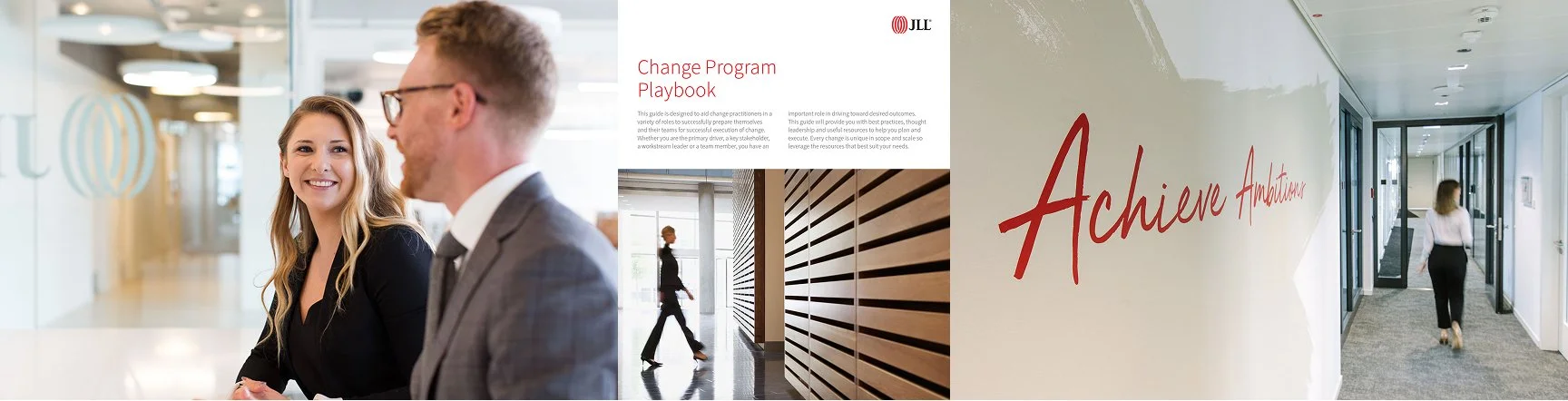 Two professionals converse in a modern office, flanked by a "Change Program Playbook" and a hallway with "Achieve Ambitions" on the wall, conveying collaboration.