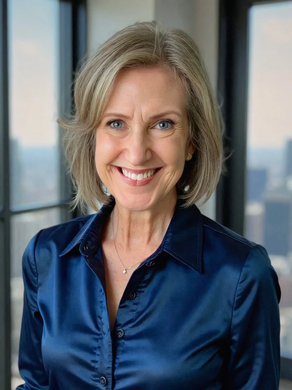 Smiling woman with short blonde hair in a dark blue blouse stands in a bright room with large windows showing a cityscape in the background.