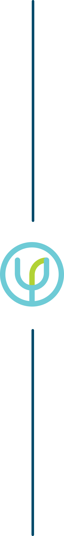 A blue vertical line broken at the center with a circular icon that contains a sprout with a leaf