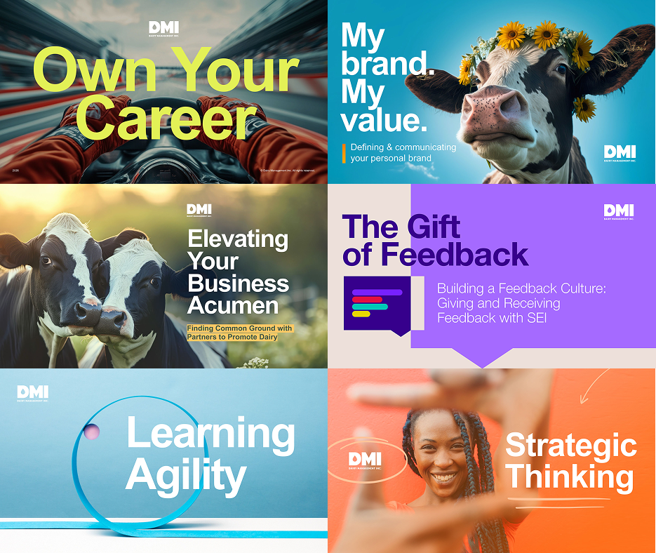 Diverse educational posters; themes include career ownership, branding with a cow, learning agility, business acumen, feedback, and strategic thinking.