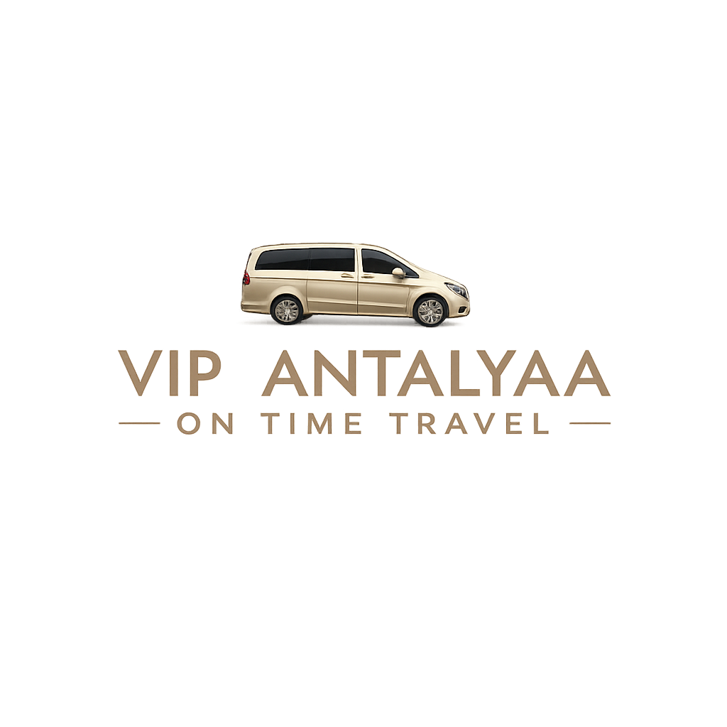 A beige van positioned above the word 'VIP ANTALYAA' with the subtitle 'ON TIME TRAVEL' below it.