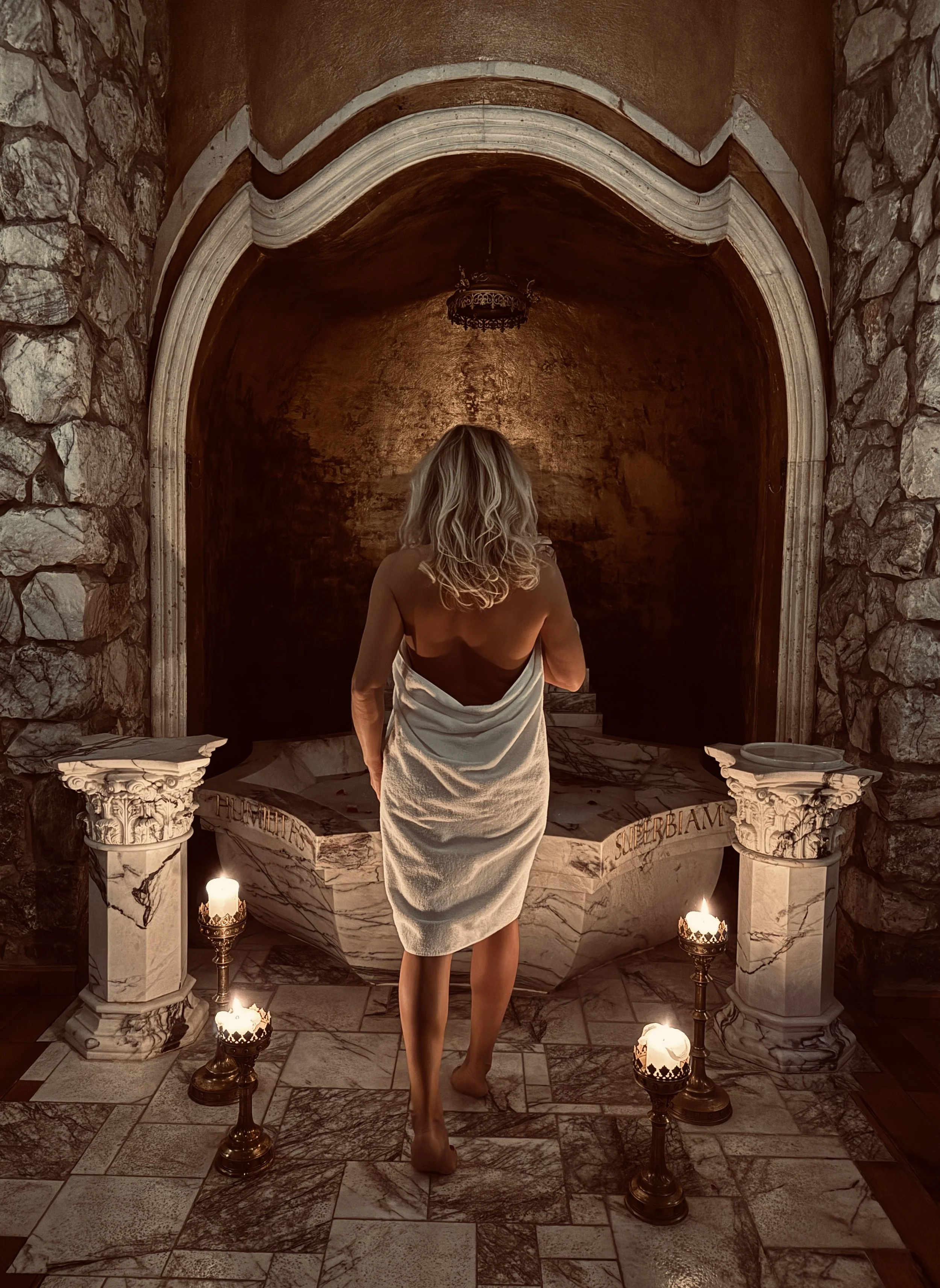 A woman with blonde hair, wrapped in a white towel, stands facing away in front of a decorative altar with candles and classical architectural elements in a dimly lit, rustic stone room.