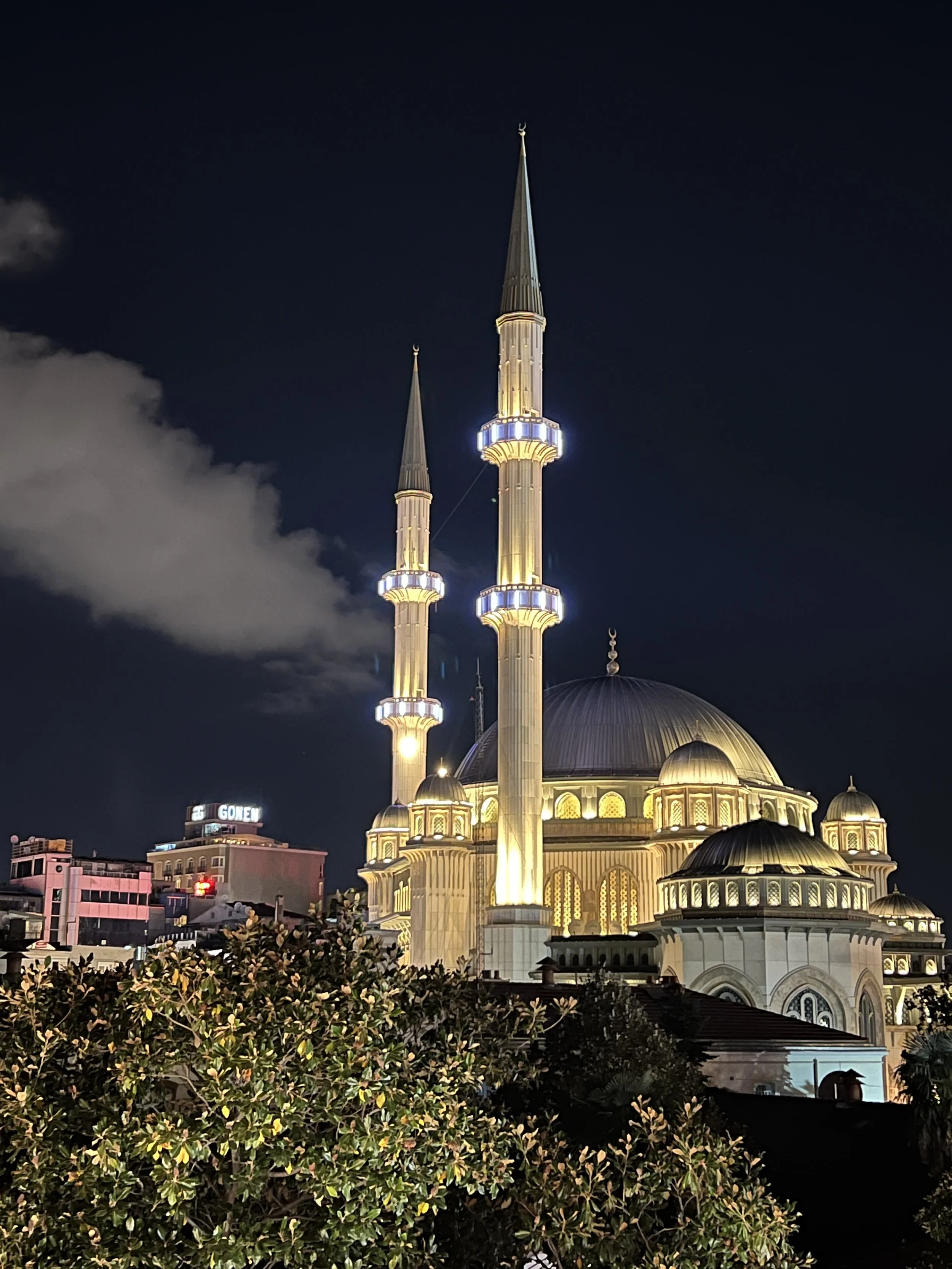 Night view of a mosque with illuminated minarets and a large dome, surrounded by city buildings and trees.