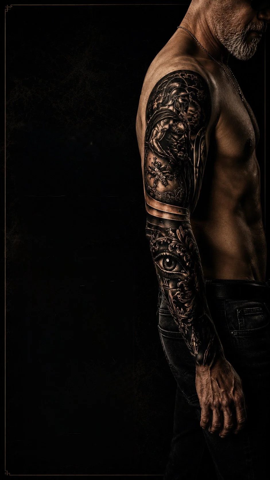 A shirtless man with a gray beard and tattoos on his right arm and chest, against a black background.