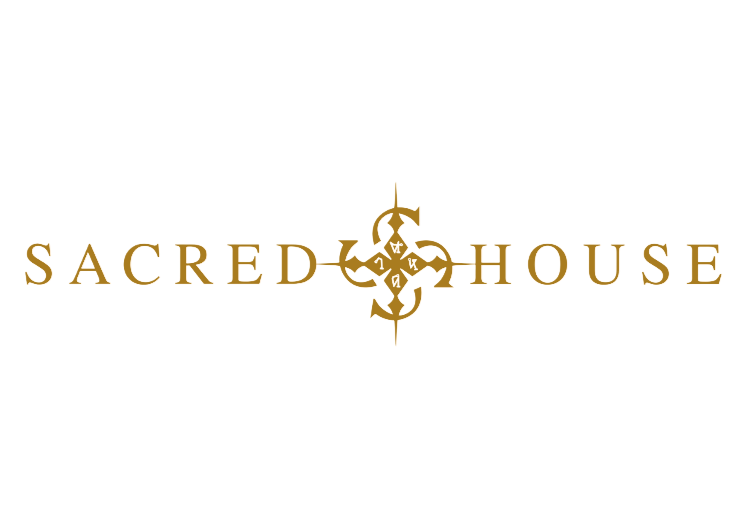 Logo with the words 'Sacred House' in gold, stylized font, with a decorative central emblem in gold that includes symbols and crosses, on a black background.