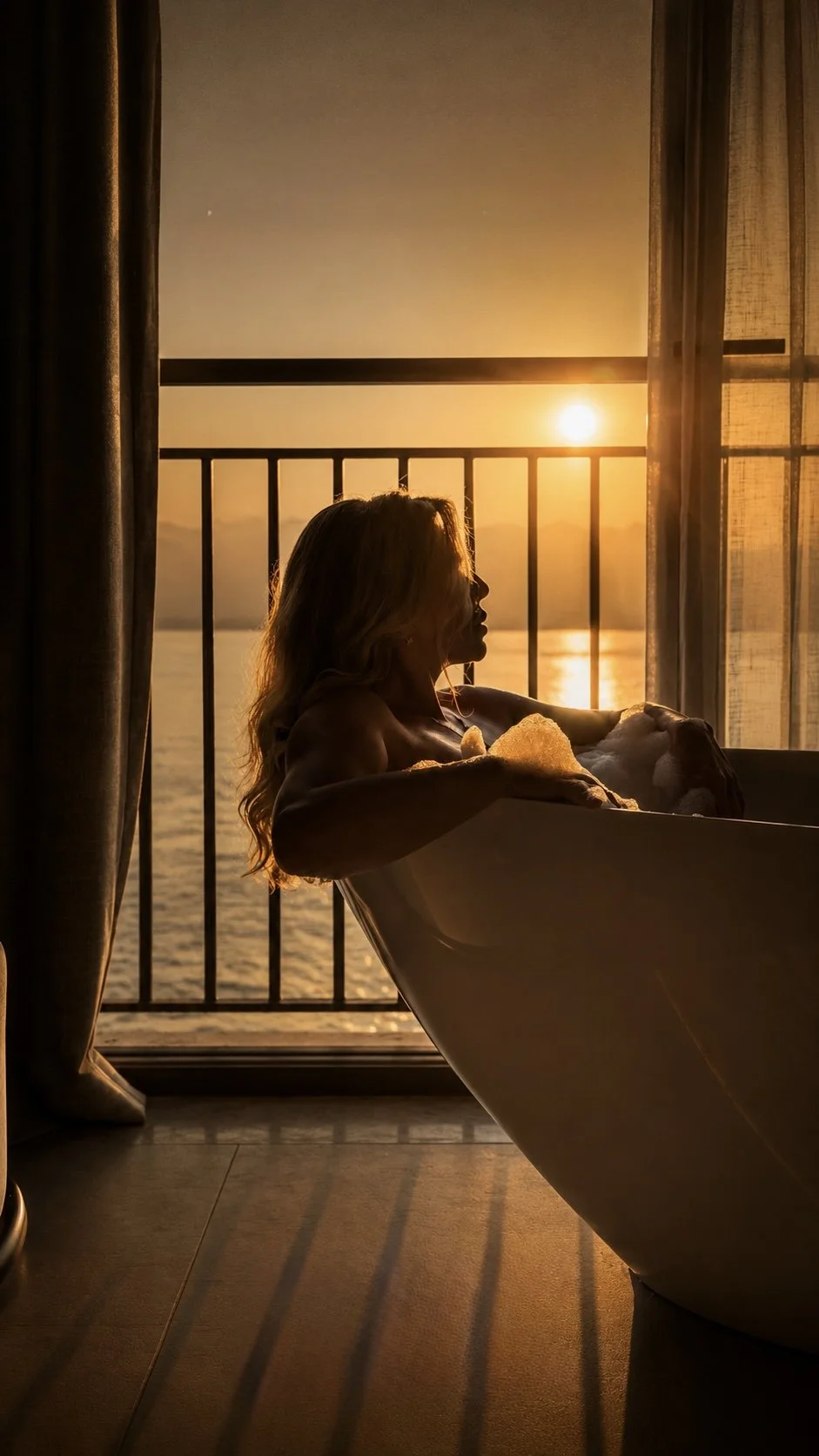 A woman relaxing in a bathtub at sunset on a balcony overlooking water and mountains.