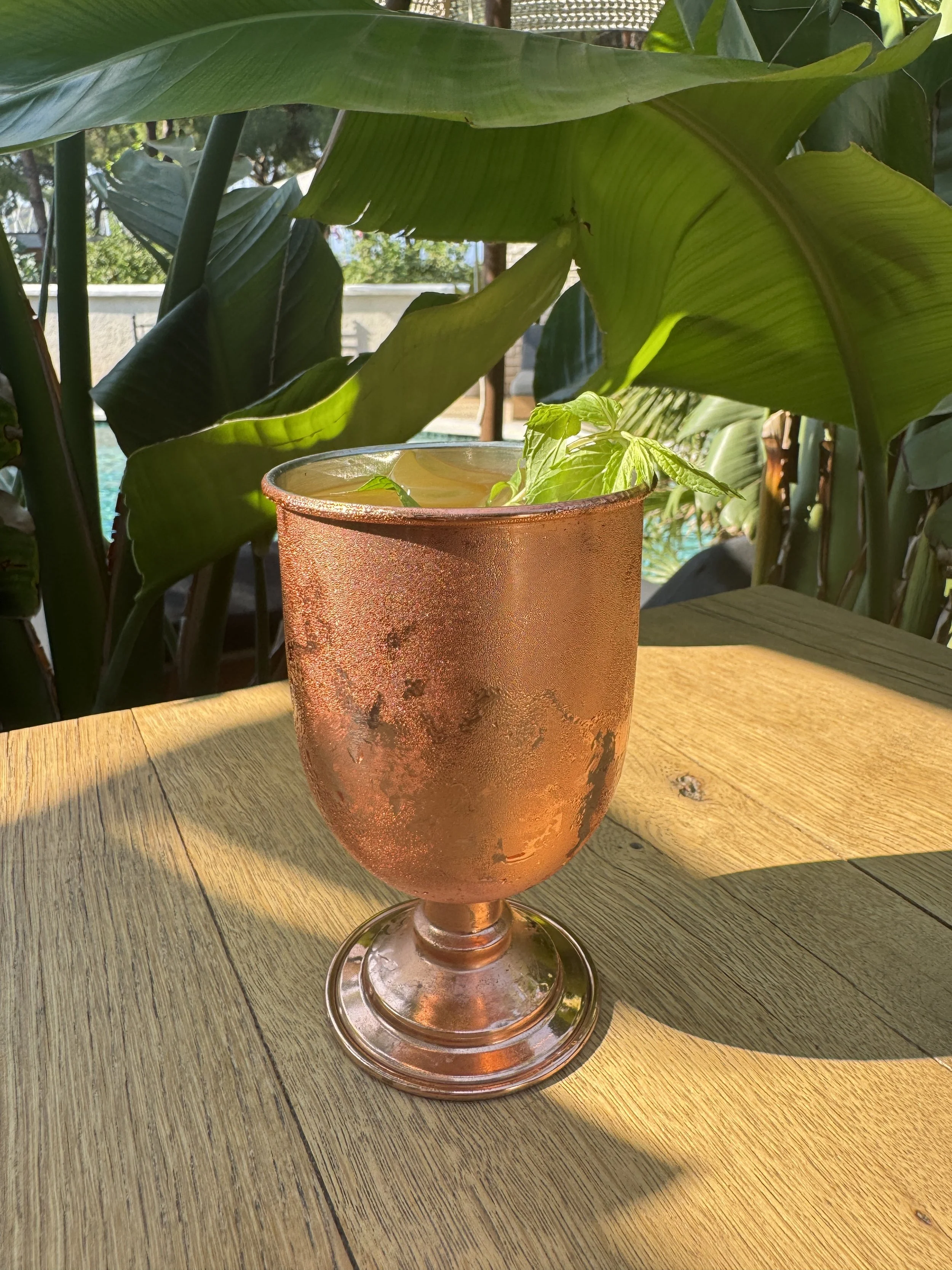 A copper-colored goblet filled with a yellowish drink and mint leaves, placed on a wooden table outdoors with large green leaves in the background.