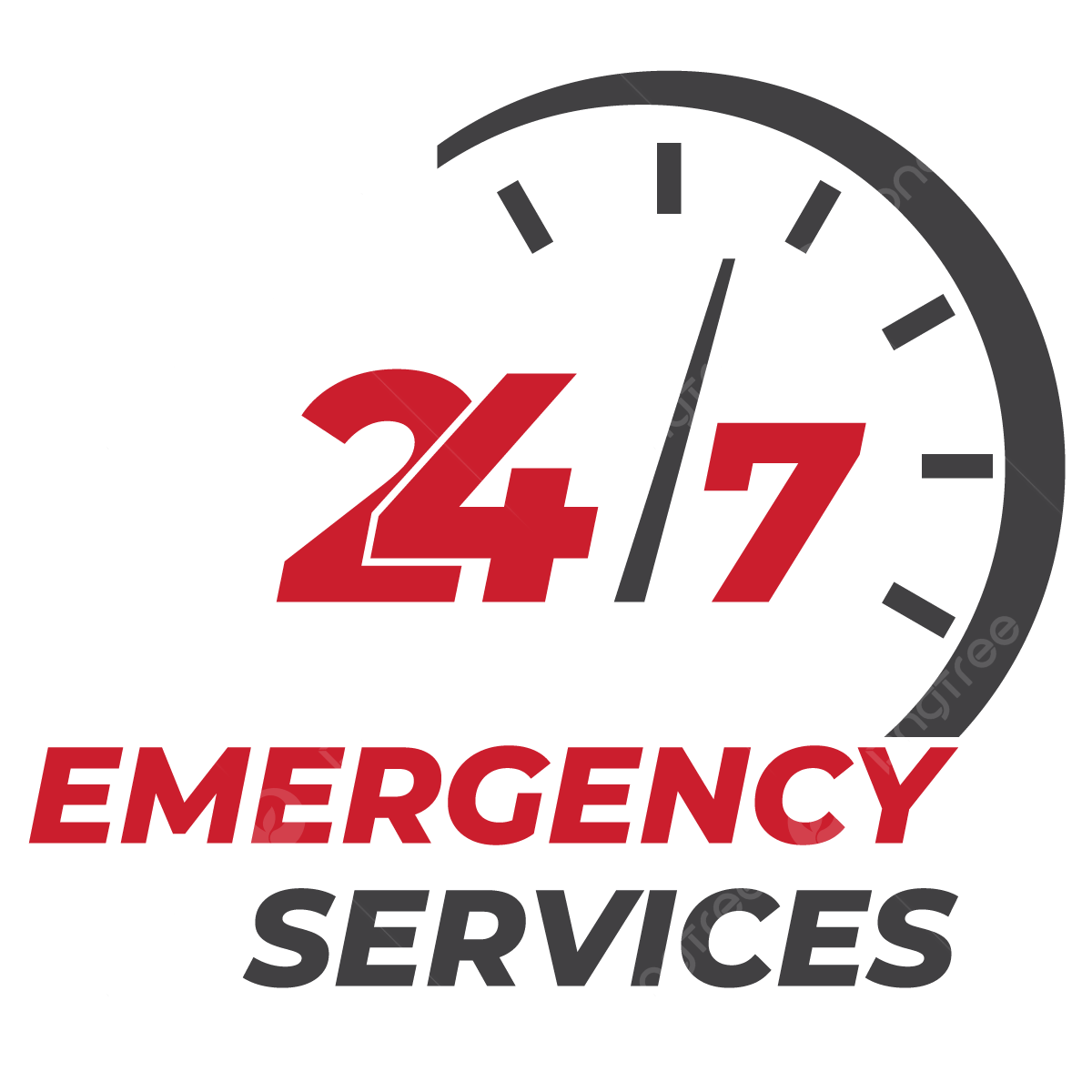 Emergency services logo with a clock showing 24/7 support, featuring large red numbers '24' and '7', and the words 'EMERGENCY SERVICES' in red and gray.