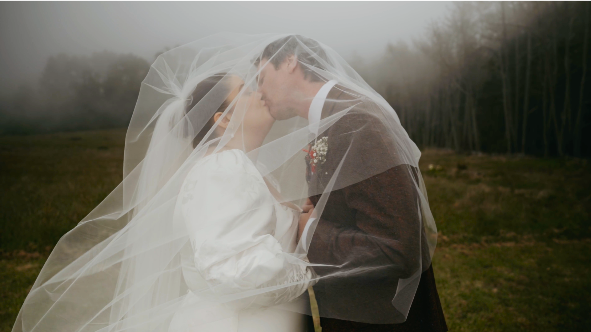 A bride and groom kissing outdoors, partially covered by a wedding veil.