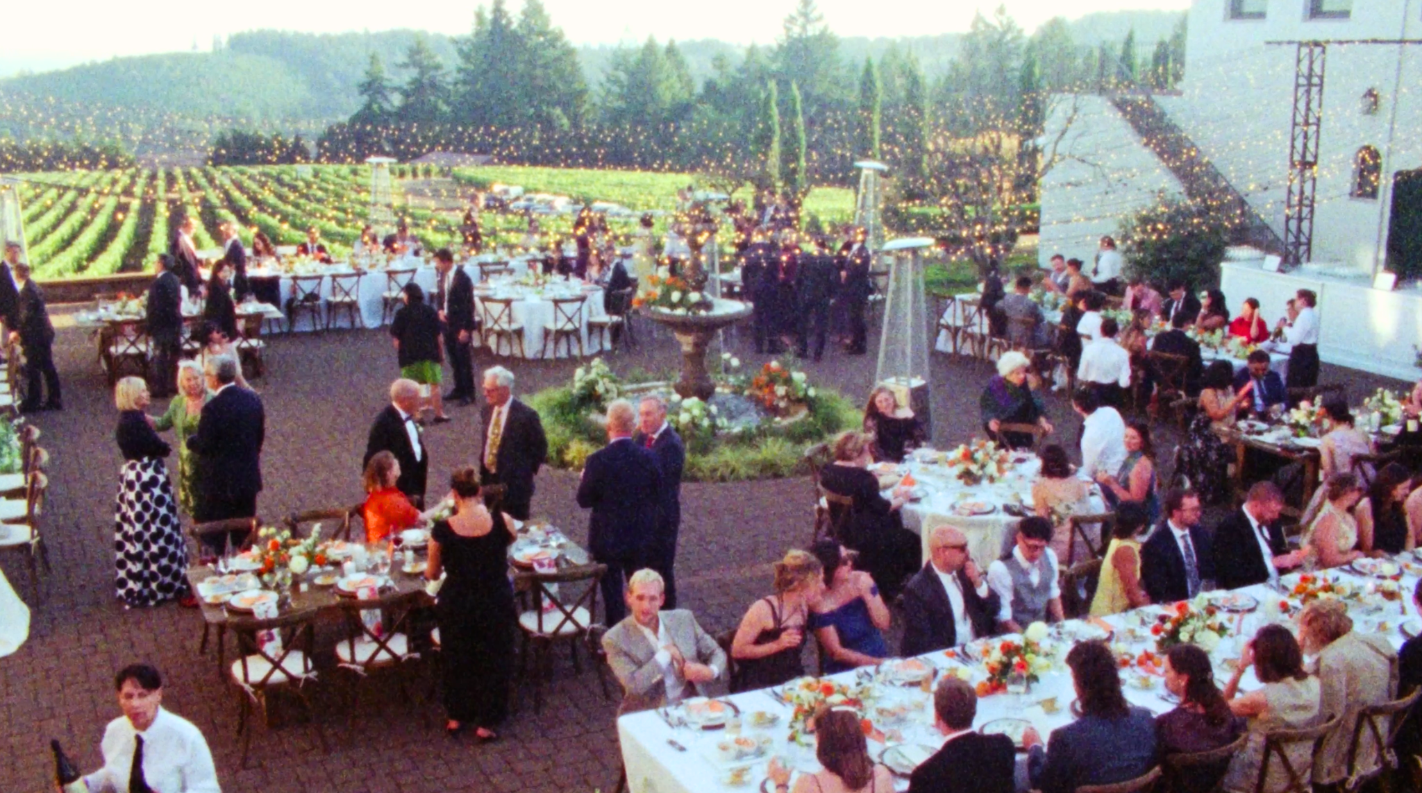 Guests at an outdoor wedding reception dining and socializing with tables decorated with flowers, set in a vineyard with string lights and scenic hilly landscape in the background.