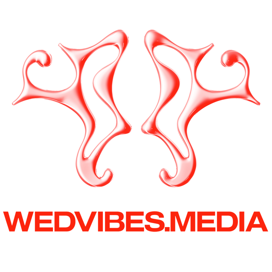 Abstract red and white design with the text "WEDVIBES.MEDIA" in bold red letters