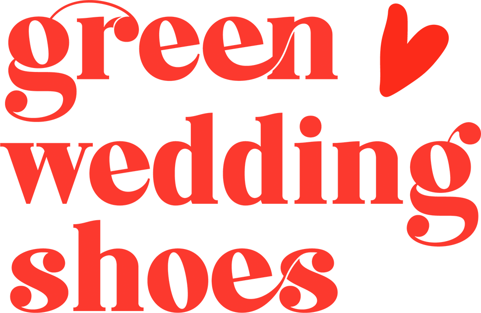 Illustration of red text stating "green wedding shoes" with a red heart symbol in place of the dot on the "i" in "wedding"