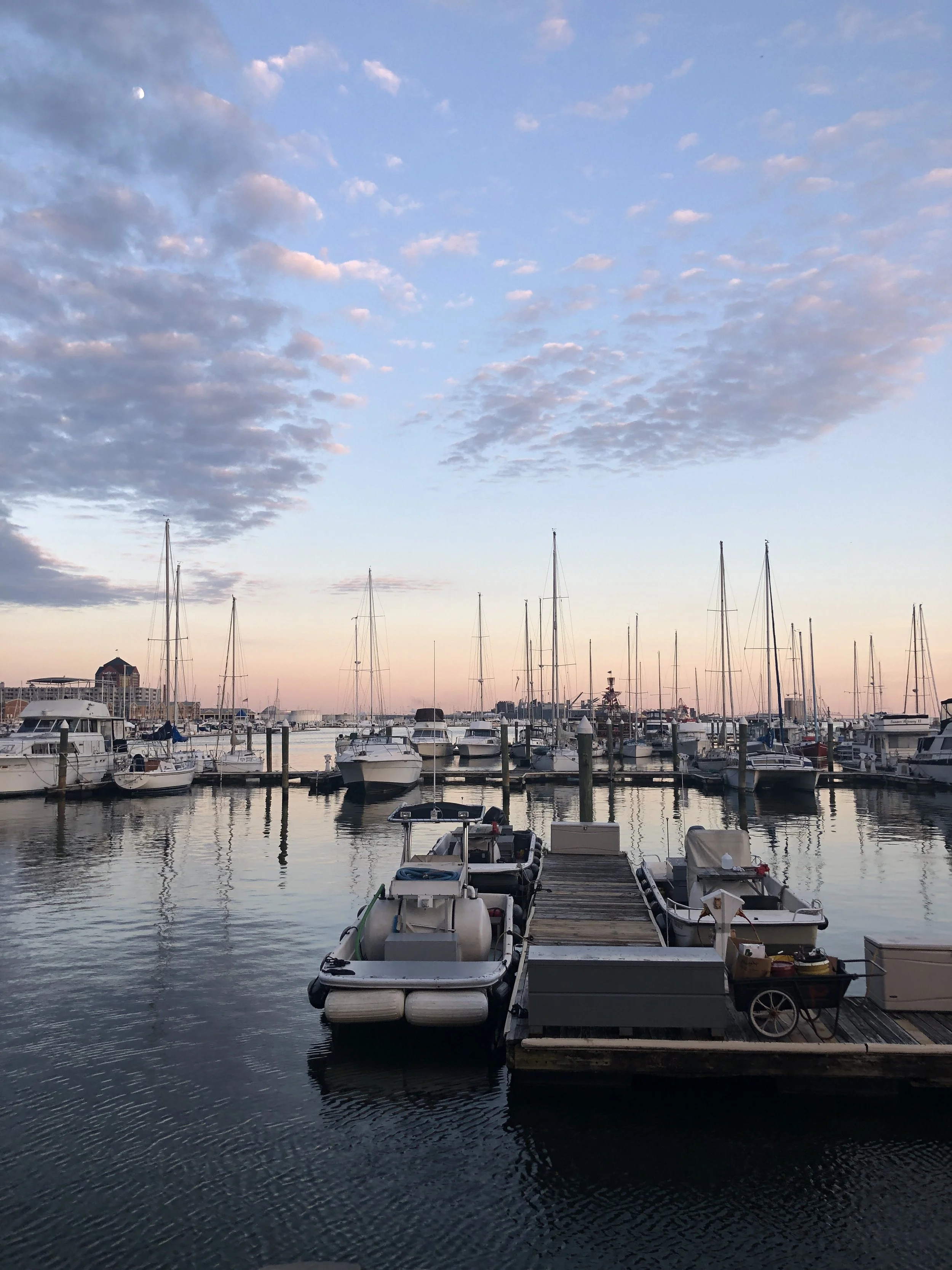A marina with multiple sailboats and motorboats docked at the piers during sunset or sunrise, with a partly cloudy sky and the moon visible.