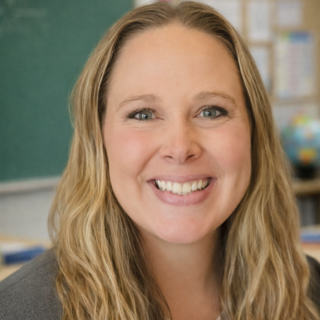 A smiling woman with blonde wavy hair and blue eyes in a classroom.