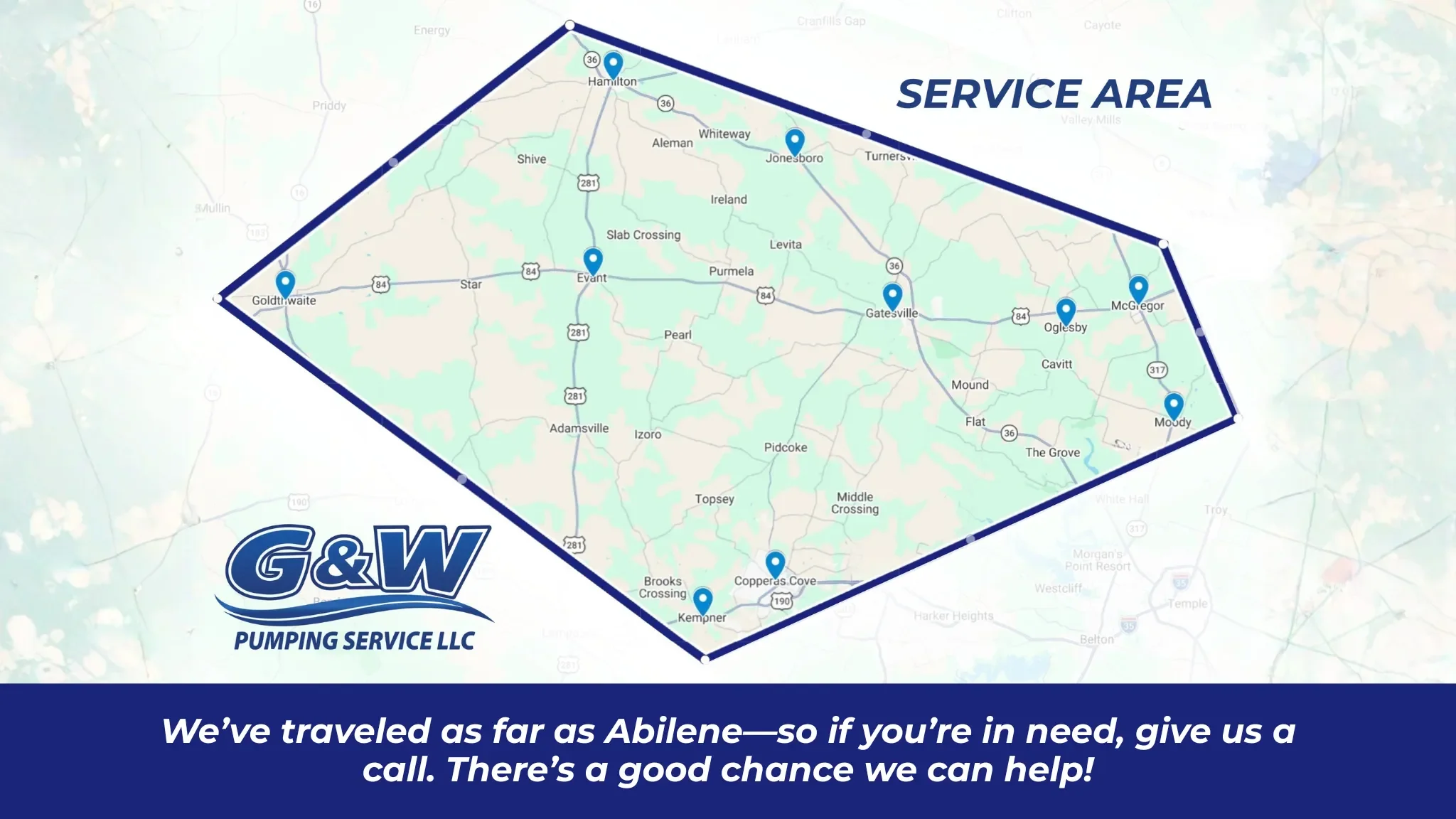 G and W Pumping Service Serving Gatesville and Central Texas Service Area Map