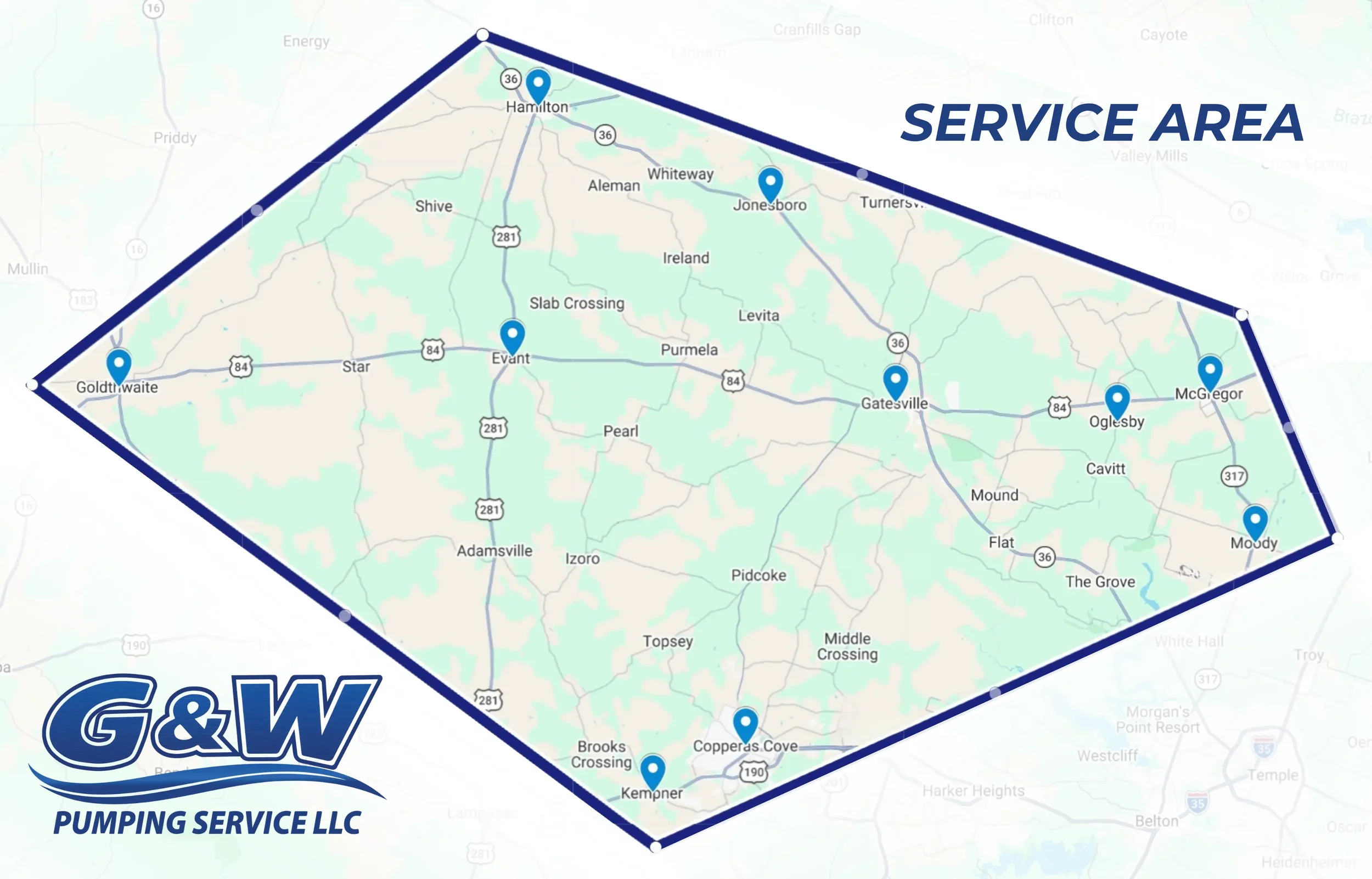 G & W Pumping Service Service Area Serving Gatesville and Central Texas with Septic Pumping