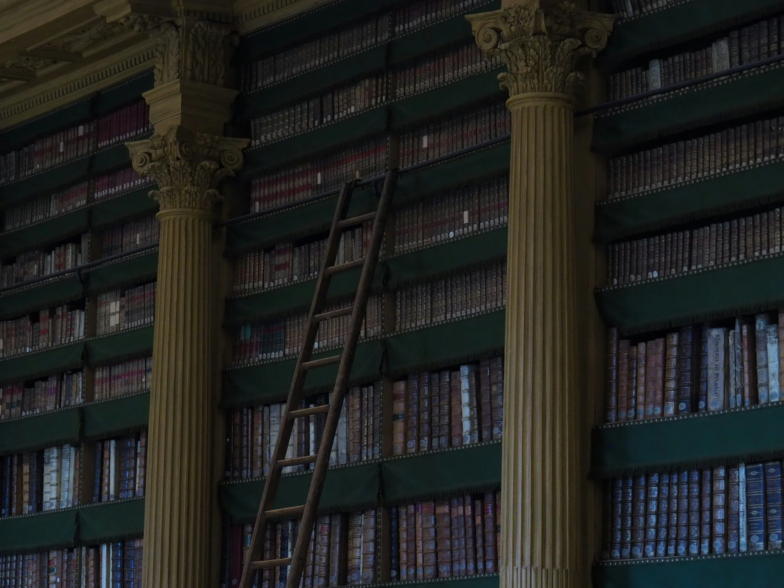 Scaffale di libri antichi in una biblioteca con colonne di stile classico e scala di legno