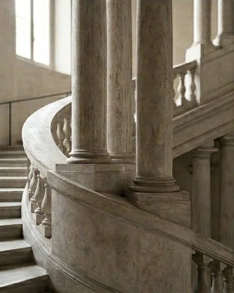 Cancello di una scala in marmo con colonne e ringhiera decorativa.