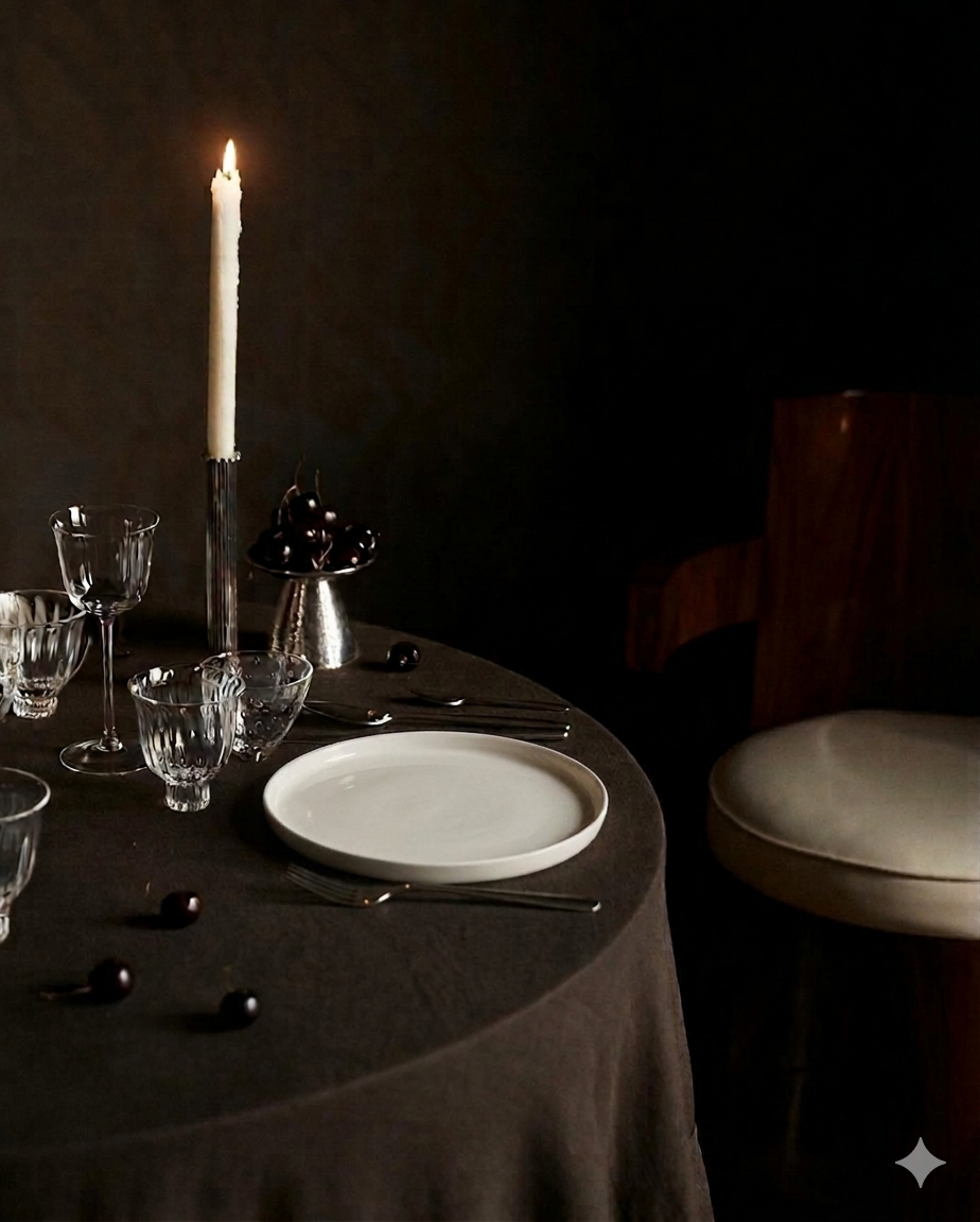 Tavola apparecchiata con bicchieri di vetro, piatto bianco, forchette e cucchiaini in un ambiente con illuminazione soffusa, una candela accesa e un contenitore con ciliegie nere.