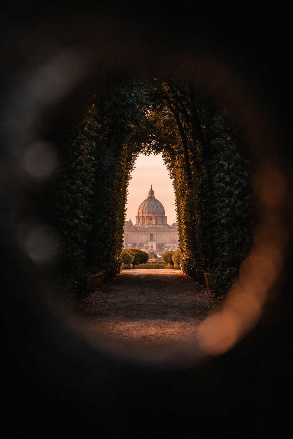 Vista del Vaticano attraverso un' apertura tra le piante, durante il tramonto.