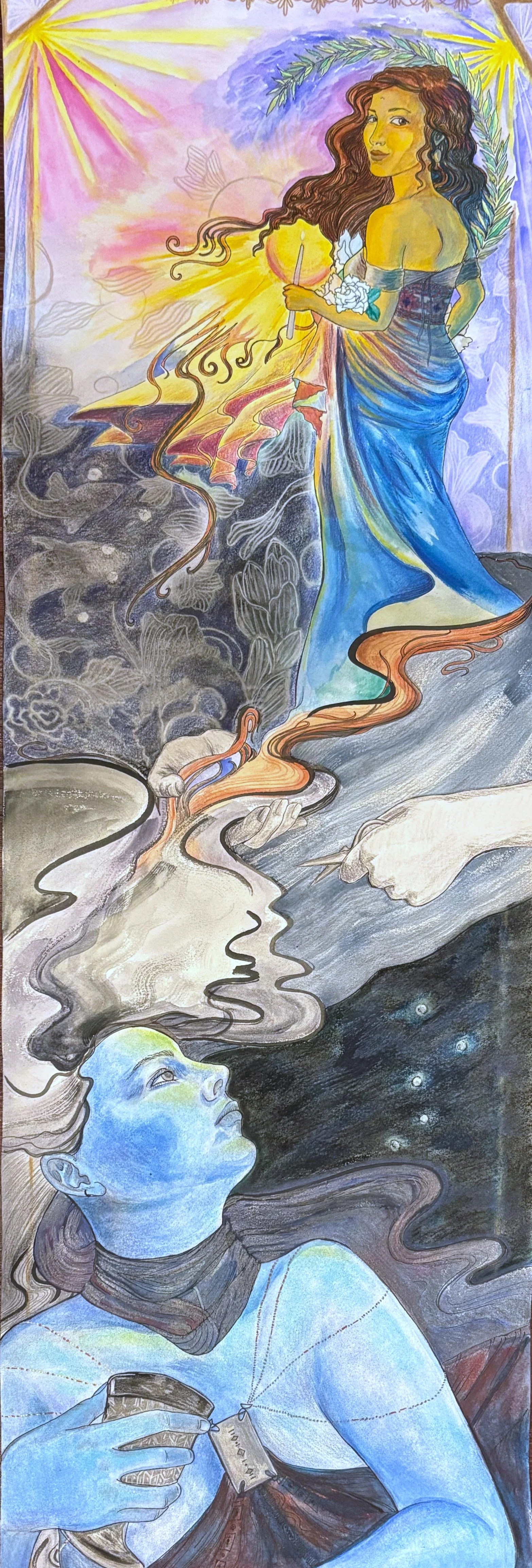 Memento Vivere: The Choice, Mixed Media on Watercolor Paper, 12" x 36", 2025