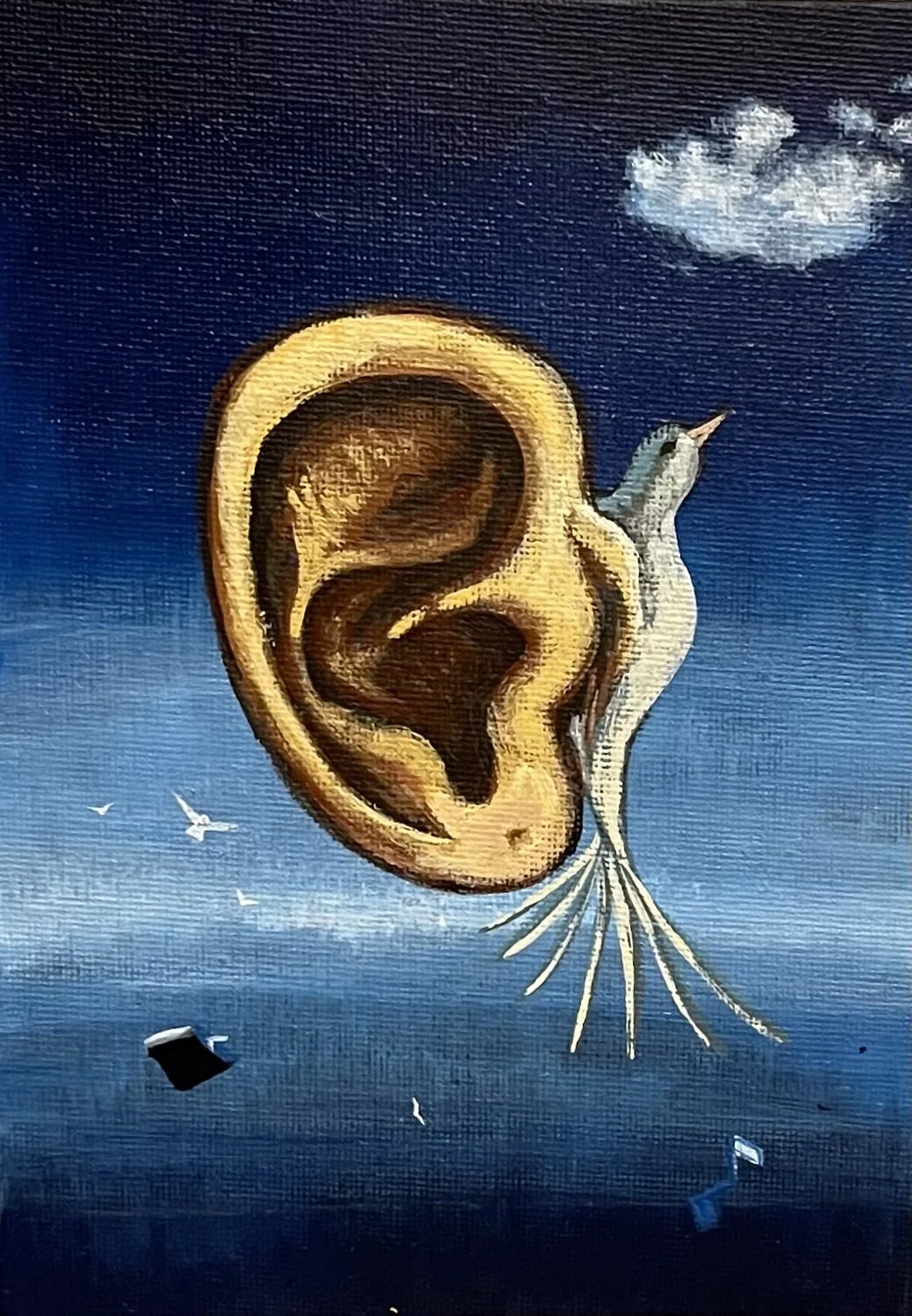 Study of Magritte (Gift for CI Audiologist), Acrylic on Canvas, 4" x 6", 2021