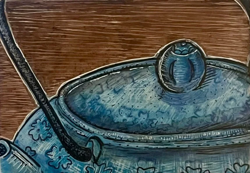 Teatime, India Ink on Claybord, 2" x 1", 2024