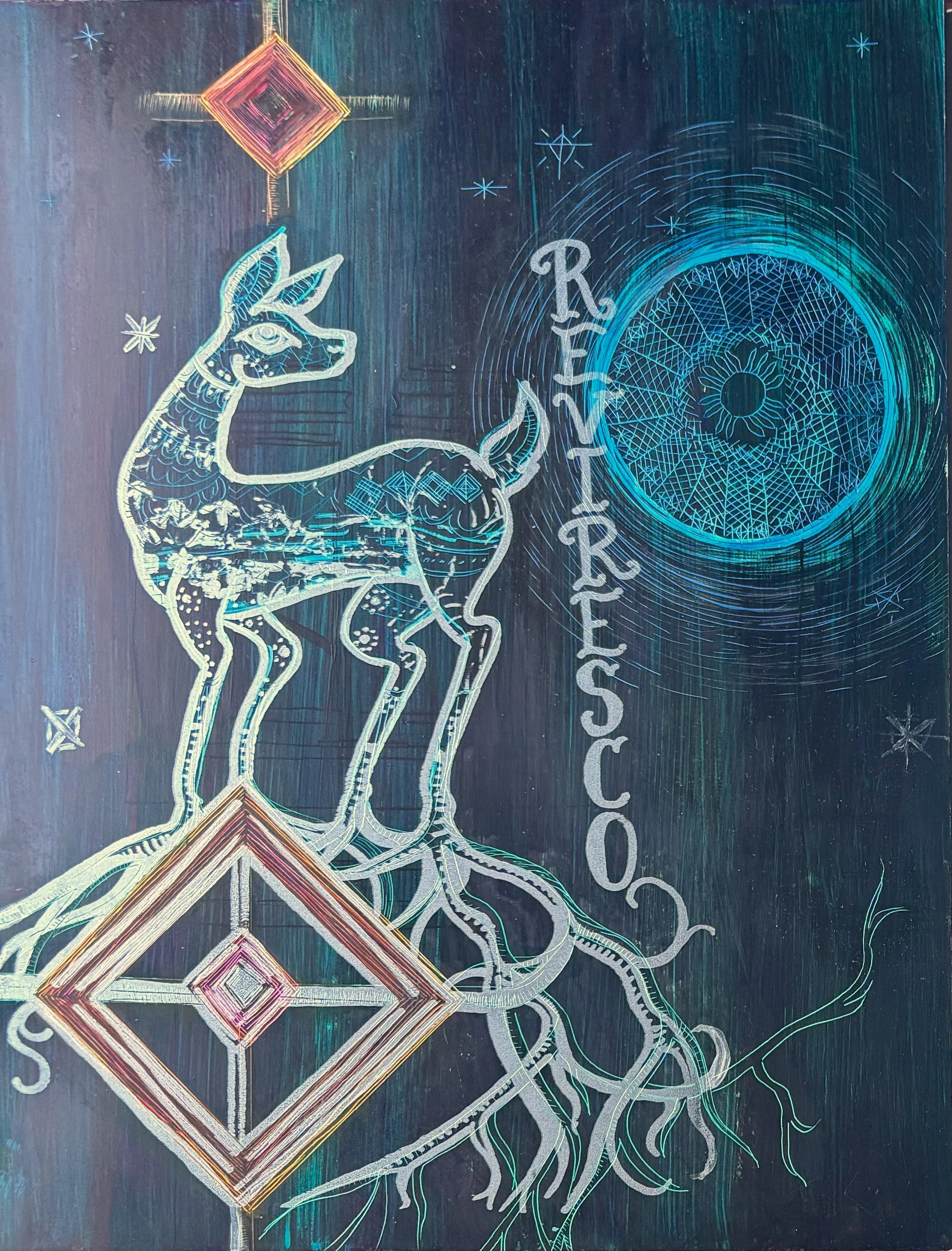 Memento Vivere (Reviresco), Acrylic, India Ink, and Screenprinting on Claybord, 12" x 16", 2025