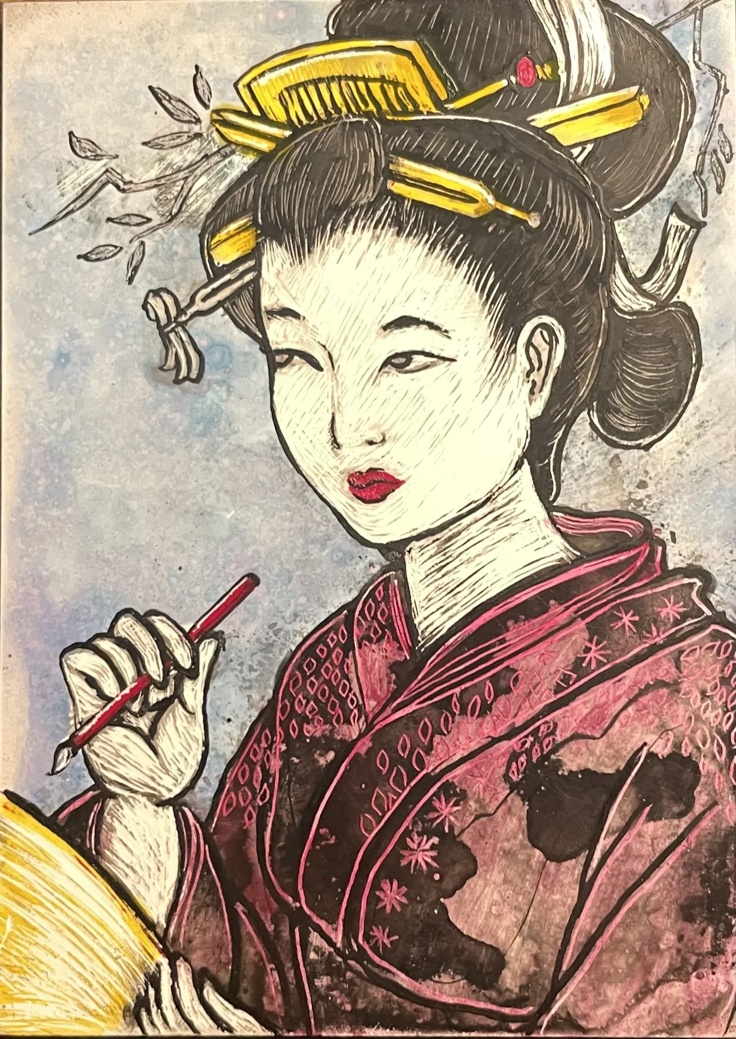 Study of Japanese-print Coaster, India Ink on Claybord, 1" x 2", 2023