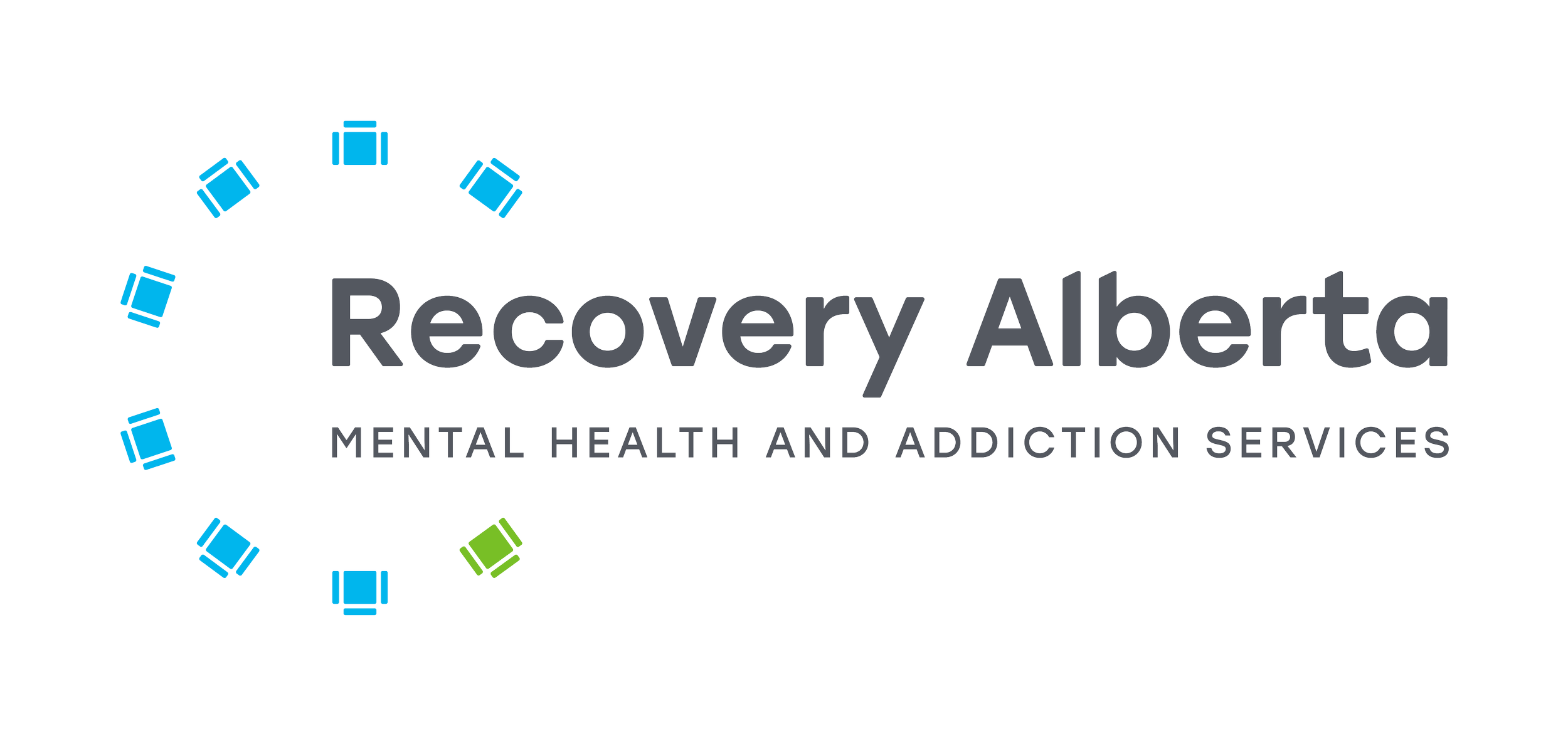 Recovery Alberta logo with stylized human figures in blue and green, and the text "Recovery Alberta" with a subtitle "Mental Health and Addiction Services"