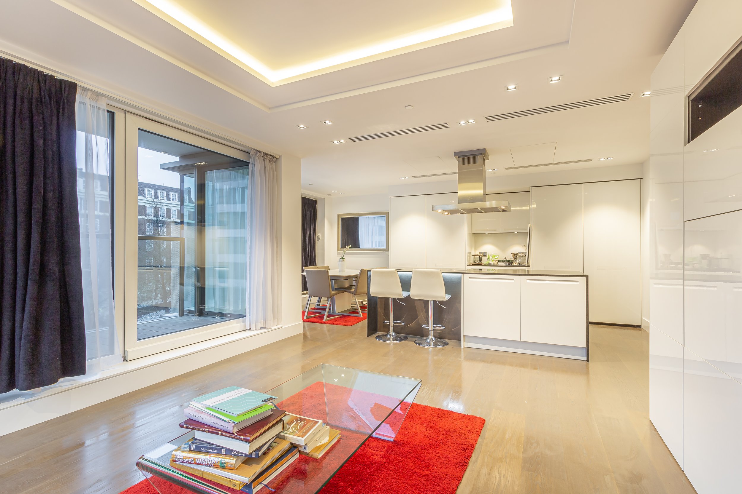 Modern open-concept living room and kitchen with large sliding glass door, white cabinets, and a red area rug.